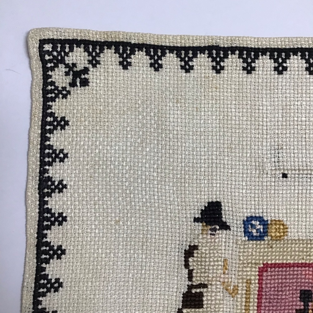Americana Cross Stitch Sampler Colonial Pilgrim Doily Art Complete 11x12 Vintage - Picture 7 of 16